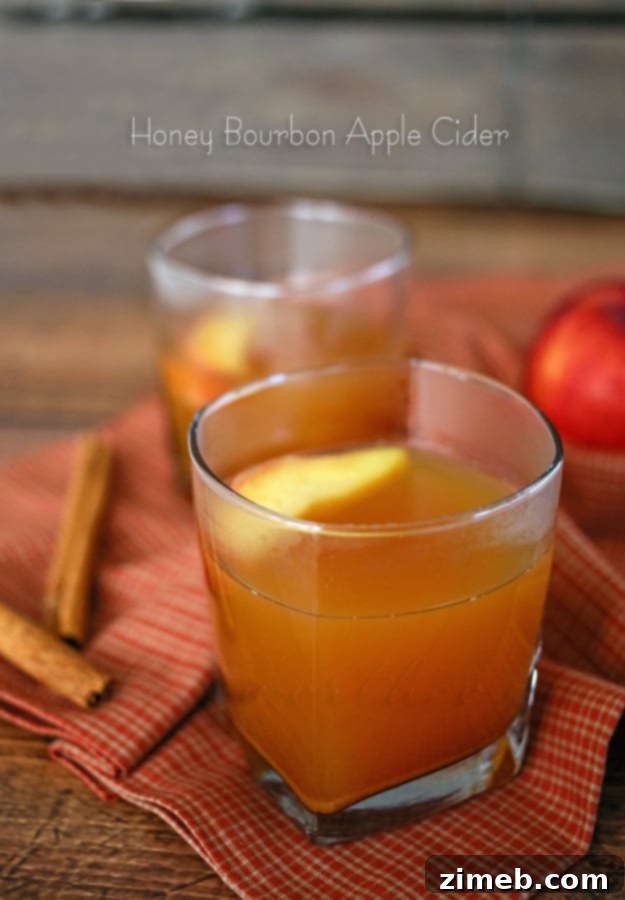 Close-up shot of Honey Bourbon Apple Cider in a lowball glass, showcasing its rich amber color and festive garnishes.