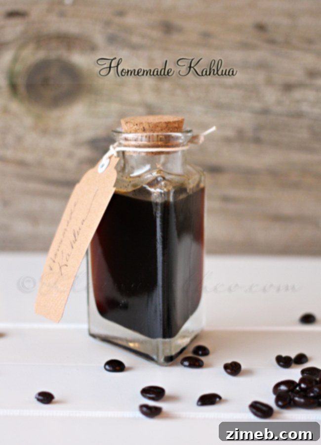 Homemade Kahlua in a glass bottle