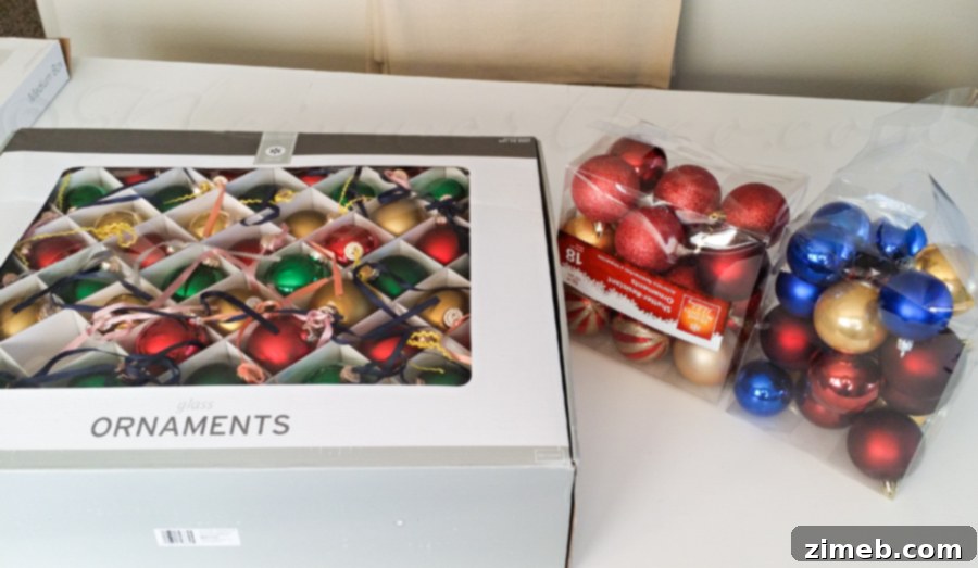 Wildcrafted Wonders 2 Before shot of traditional red, green, and gold Christmas ornaments, piled together in a box