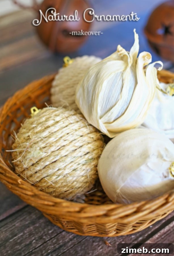 Wildcrafted Wonders 9 A charming collection of various finished DIY natural Christmas ornaments, including sisal, corn husk, and fabric wrapped designs, artfully arranged and ready to decorate the tree