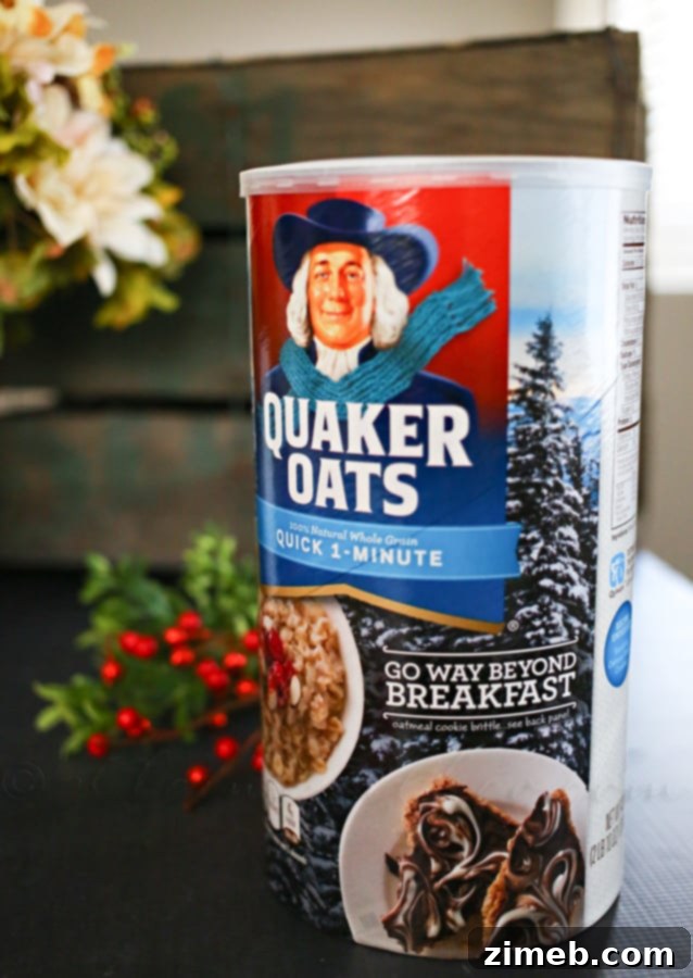 Cozy Eggnog Oatmeal Cookies 3 Close-up of Quaker Quick Oats in limited edition pine tree packaging on a Target shelf