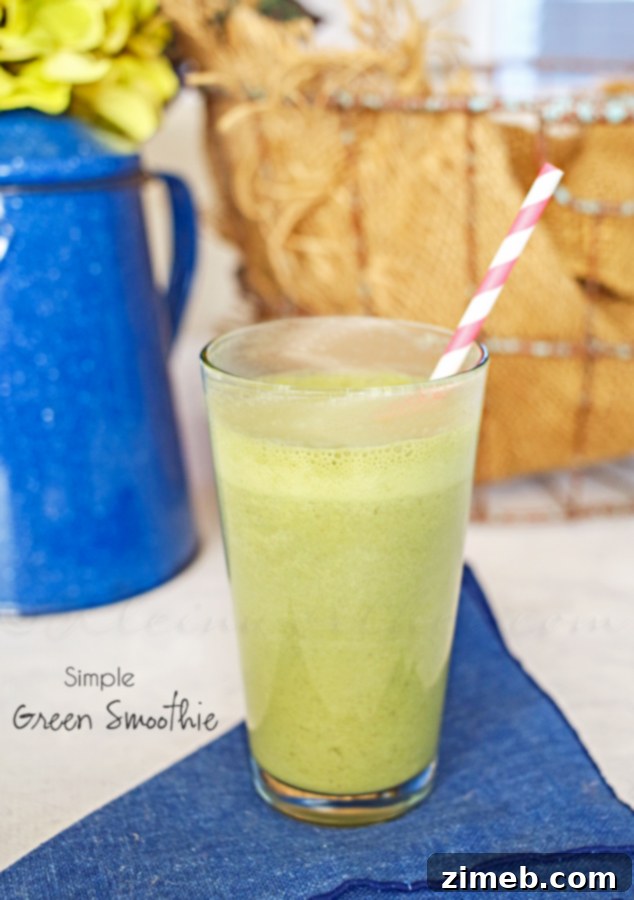 Easy Green Glow 3 Close-up of Simple Green Smoothie ingredients: banana, milk, and green powder