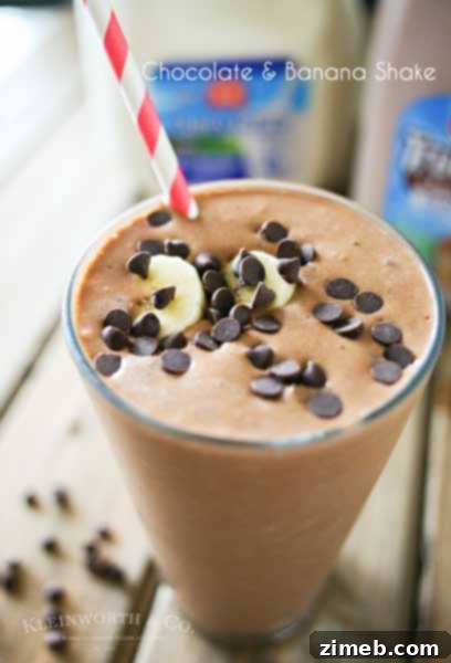 Cinnamon Raisin Power Poppers 6 Chocolate milk, peanut butter & bananas come together to make this Chocolate Banana Shake that is the perfect breakfast or snack recipe! Make one before heading out the door or as an after school treat. Either way, everyone loves this chocolate banana smoothie!