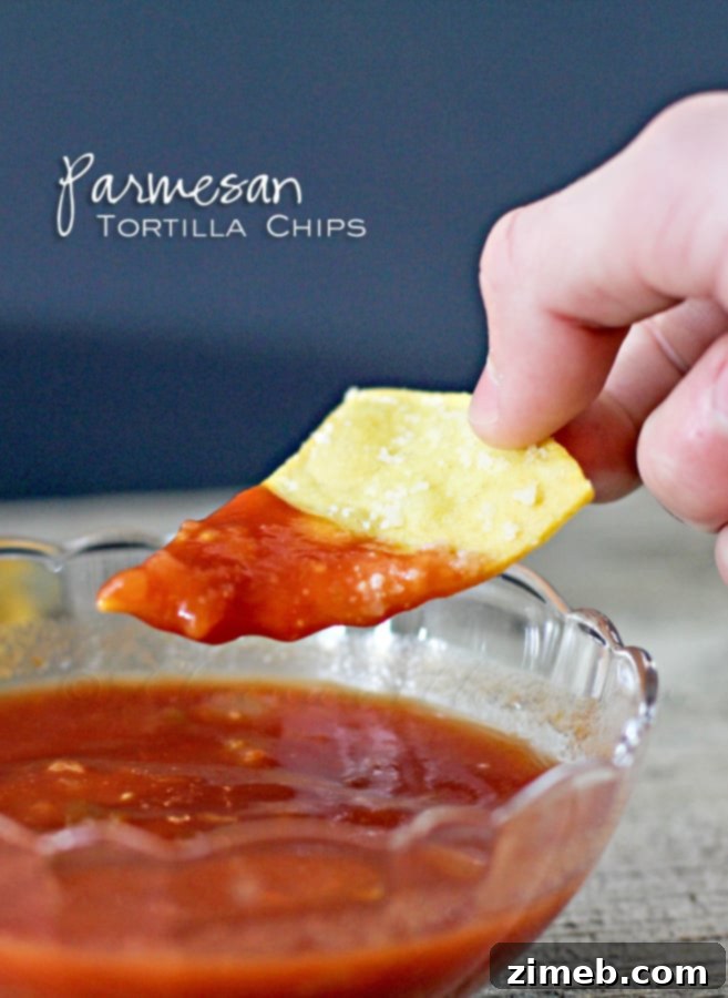Close-up of golden Parmesan Tortilla Chips in a bowl