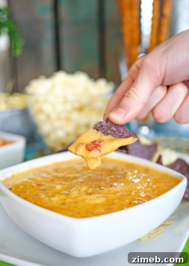 Close-up of creamy Carnitas Queso, perfect for sharing at a party.