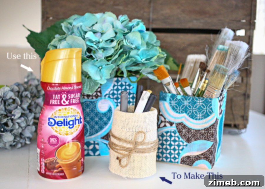 DIY Desk Organizer made from repurposed coffee creamer bottles