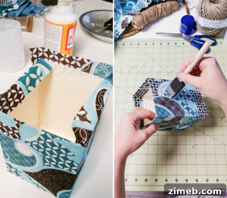 Close-up of DIY desk organizer with burlap and sisal