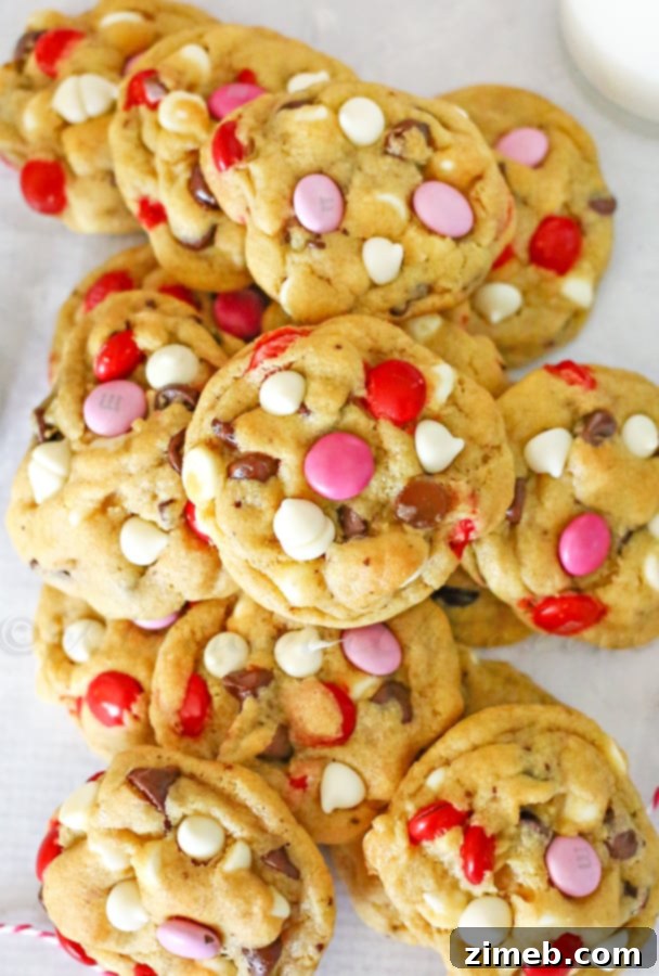 Valentine Chocolate Chip Cookies A stack of Valentine Chocolate Chip Cookies, showcasing their delightful softness and vibrant M&M's. Perfect for gifting on Valentine's Day.