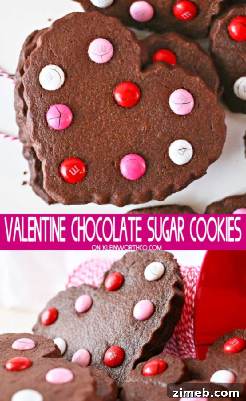 Love-Struck Chocolate Sugar Cookies 2 Soft and chewy Valentine chocolate sugar cookies decorated with festive M&M's