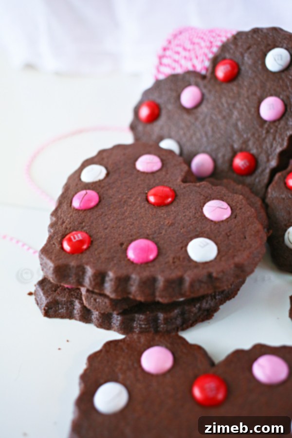 Love-Struck Chocolate Sugar Cookies 4 Close-up of Valentine Chocolate Sugar Cookies with M&M's