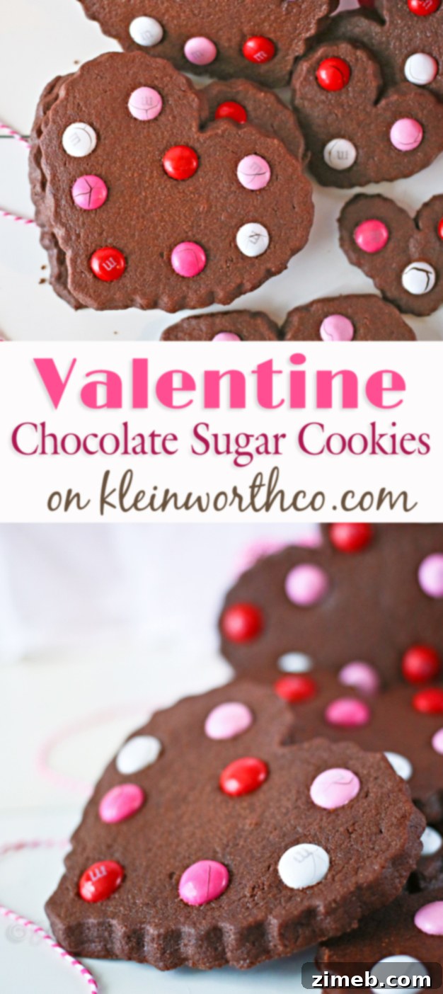 Love-Struck Chocolate Sugar Cookies 6 Tall stack of Valentine Chocolate Sugar Cookies with colorful M&M's