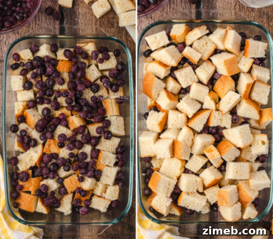 Blueberry French Toast Bake 7 add the bread and blueberries
