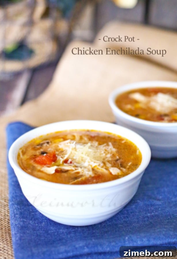 Close-up of hearty Crock Pot Chicken Enchilada Soup with rich broth and shredded chicken.