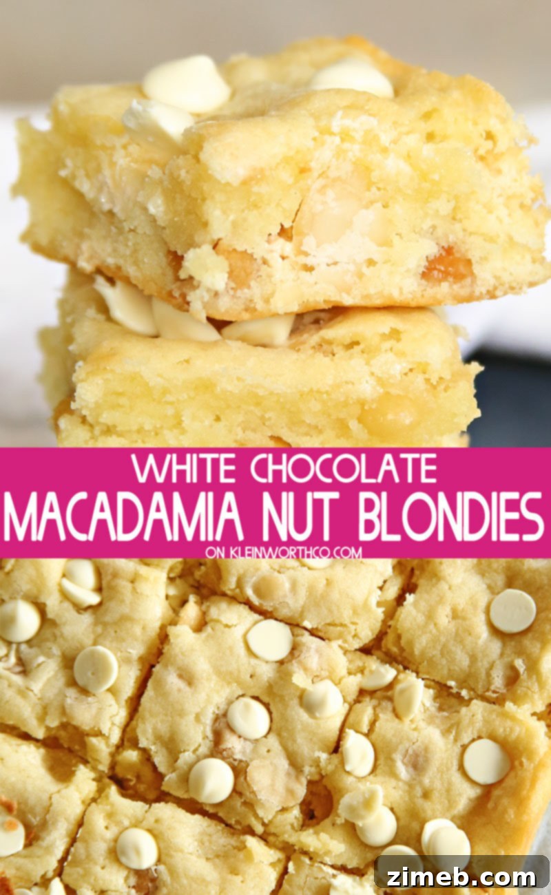Decadent White Chocolate Macadamia Blondies 2 White Chocolate Macadamia Nut Blondies, freshly baked and cut into squares