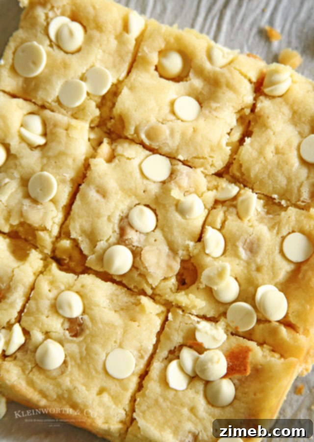 Decadent White Chocolate Macadamia Blondies 3 Close-up of Macadamia Nut Blondies showing their chewy texture