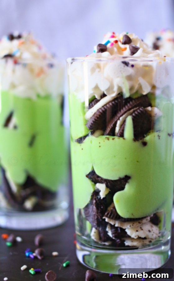 Pot o' Gold Dessert Shooters 4 Leprechaun Dessert Shooters layered in small glasses, ready for a St. Patrick's Day celebration.