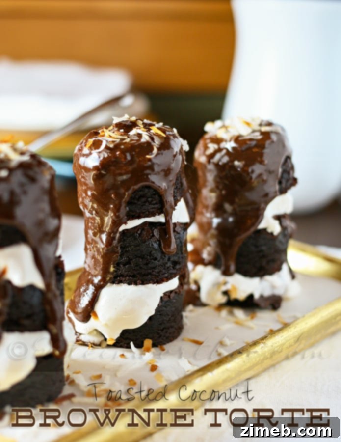 Rich Toasted Coconut Brownie Torte, a chocolate and coconut layered dessert