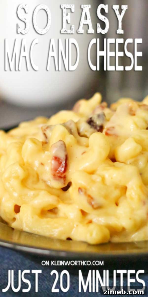 Easy Mac and Cheese 2 Just 20 minutes Easy Mac & Cheese, a creamy and delicious quick family dinner with bacon