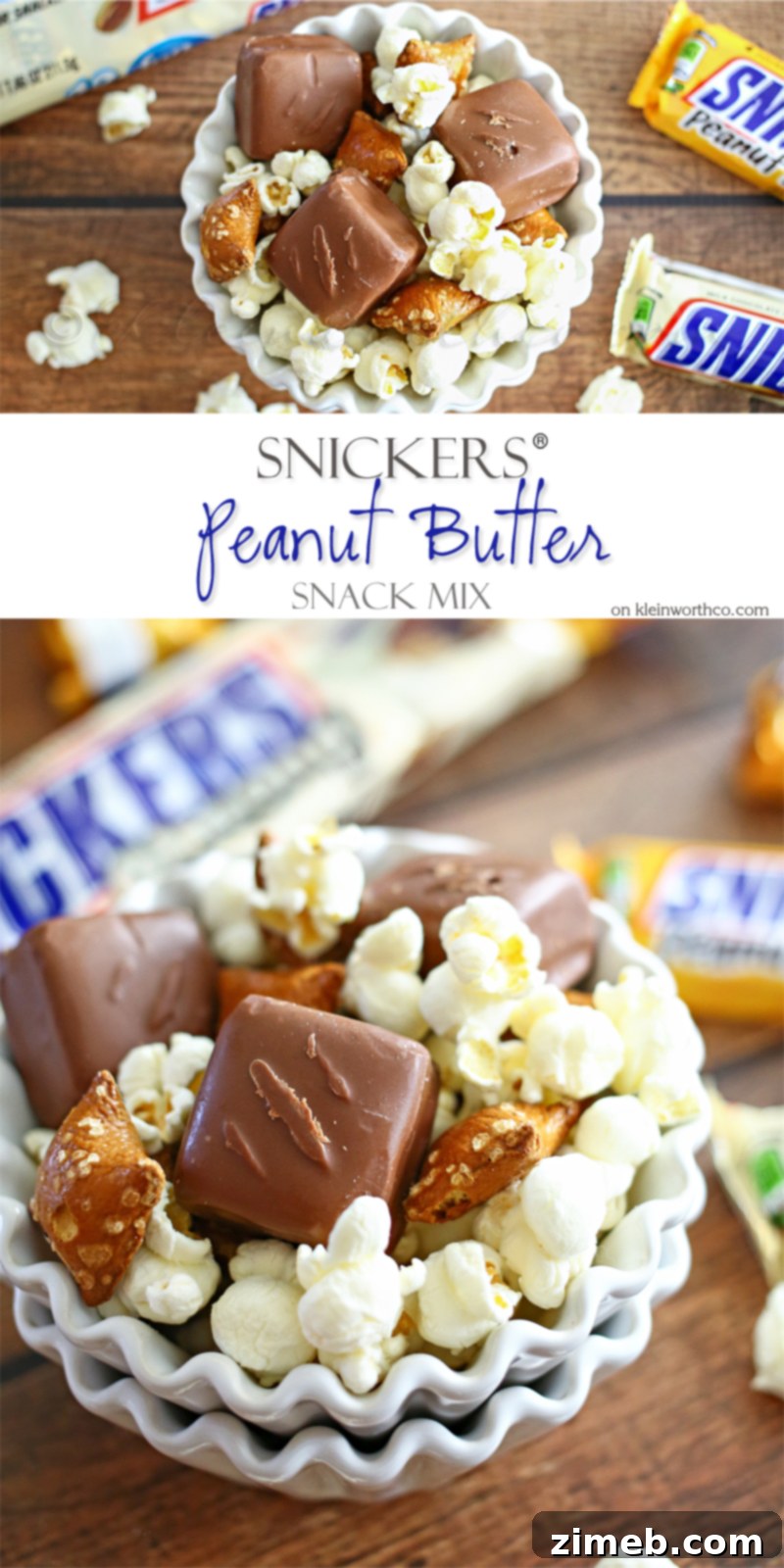 A visually appealing display of the homemade SNICKERS® Peanut Butter Snack Mix, ready for consumption.