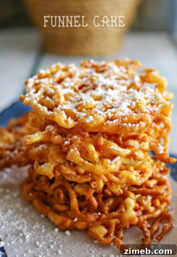 Delicious Funnel Cake dusted with powdered sugar, a delightful fair treat.