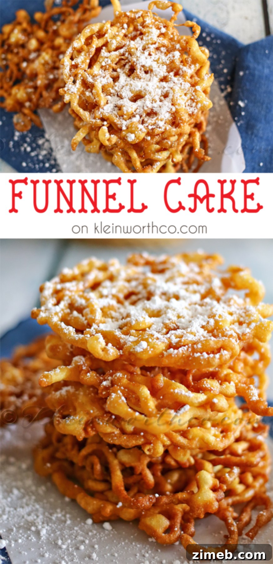 Two Funnel Cakes stacked, drizzled with chocolate sauce and powdered sugar, evoking fair memories.