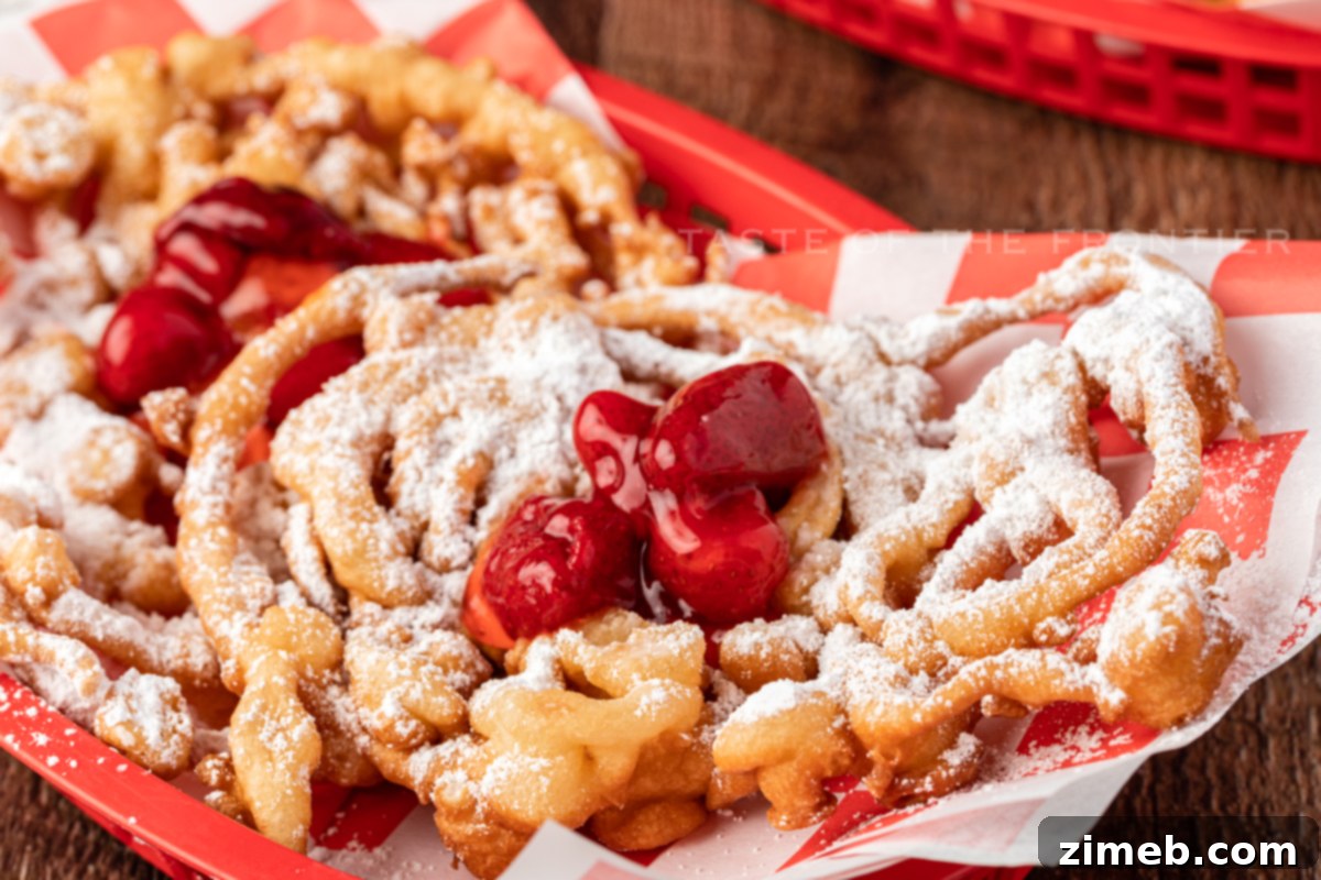 A plate of Funnel Cakes, covered in powdered sugar, embodying classic fair food favorites.