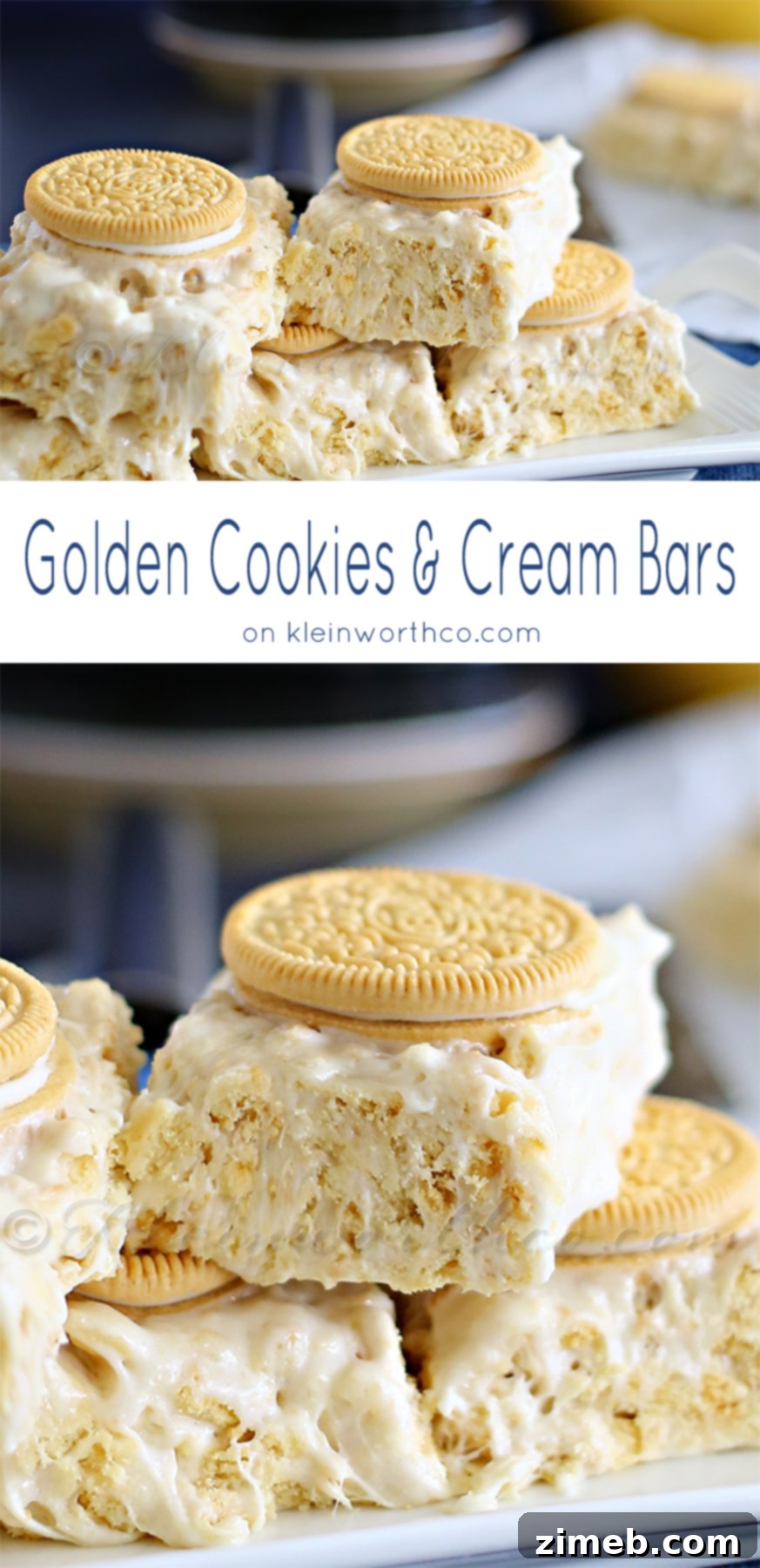 Side view of a tray of Golden Cookies & Cream Bars, showcasing their thickness and topping.