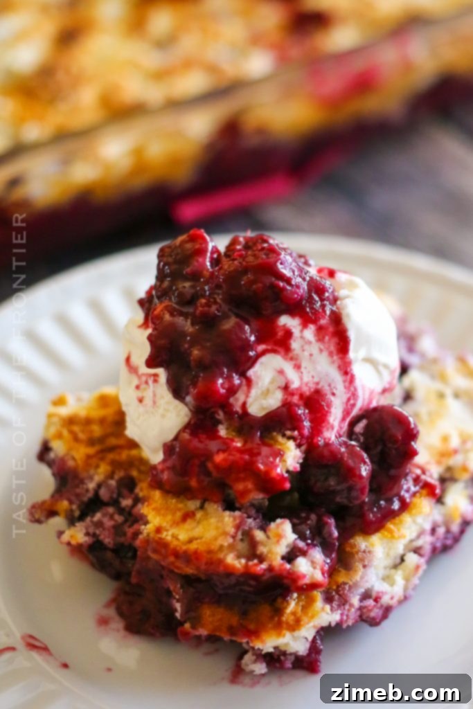 Effortless Blackberry Cobbler 2 A freshly baked simple blackberry cobbler, showing juicy, dark blackberries beneath a golden, slightly cracked crust, ready to be served.