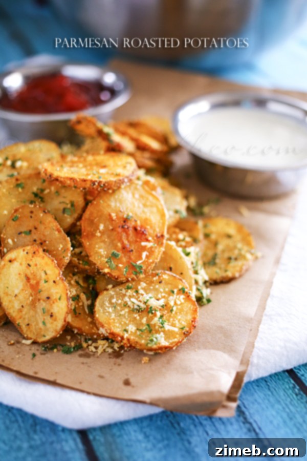 Crispy Parmesan Potatoes 9 A generous serving of Parmesan Roasted Potatoes on a serving platter.
