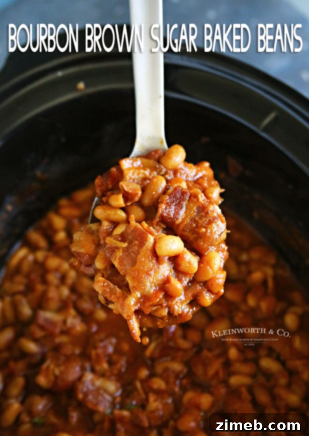 Bourbon Baked Beans in slow cooker ready to serve
