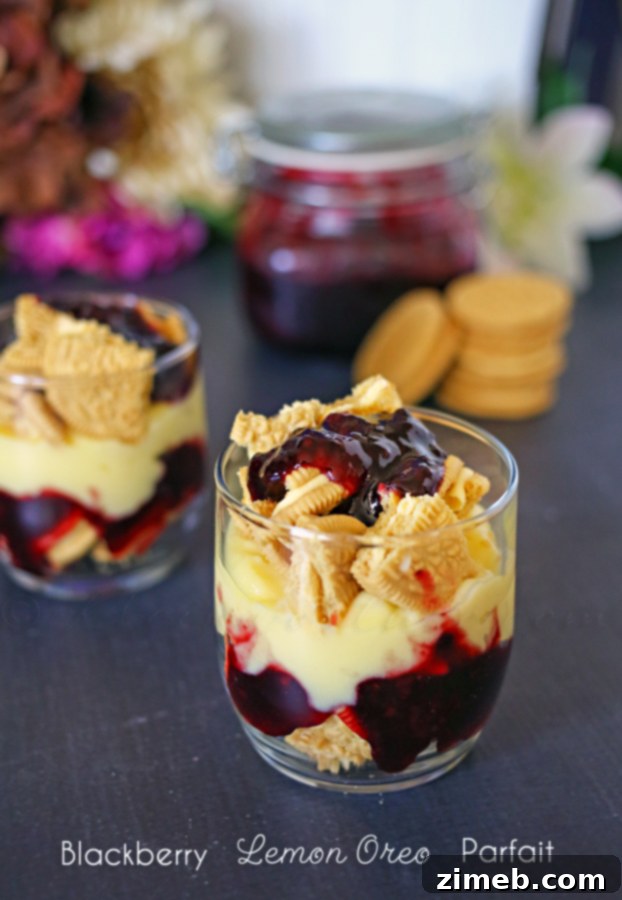 Zesty Berry Oreo Swirl Parfait 4 Close-up of Blackberry Lemon Oreo Parfait layers
