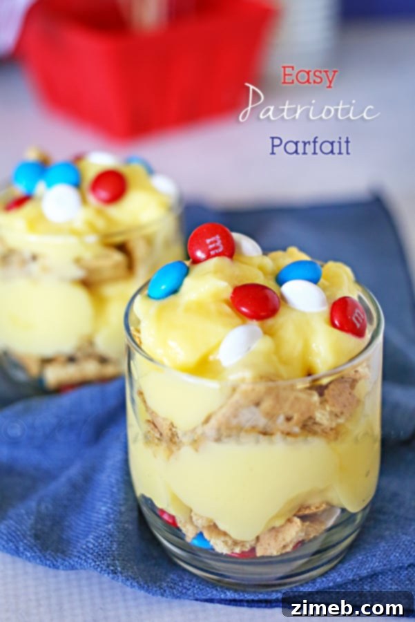 Easy Patriotic Parfait with layers of pudding, graham crackers, and M&M's