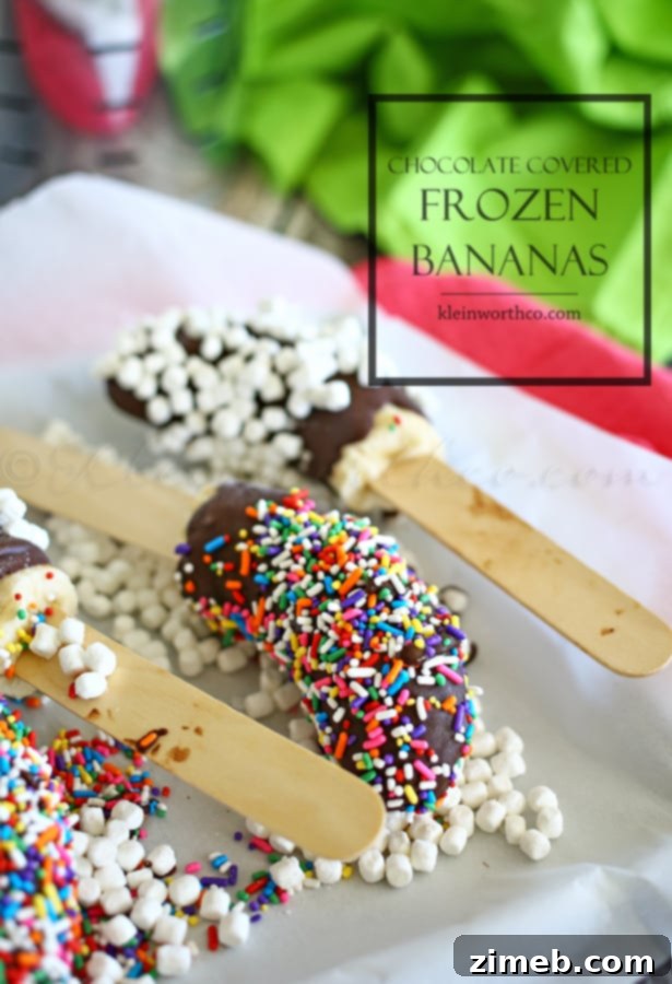 Frozen Bananas dipped in chocolate and sprinkles