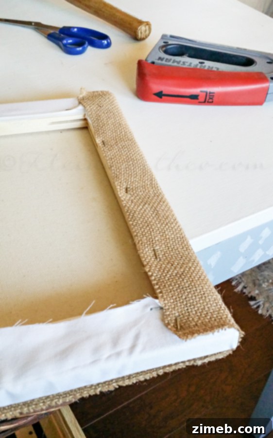 Woven Ocean Echoes 6 Stapling Burlap to the Canvas