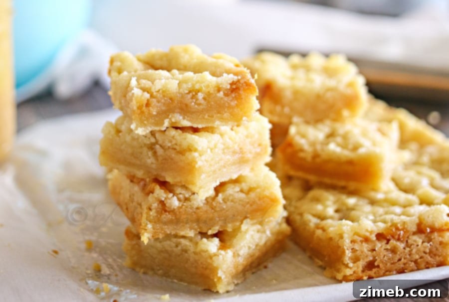 Salted Caramel Butter Bars - A close-up of a perfectly baked bar showing the golden crumb topping and luscious caramel layer over a rich butter crust. Ideal for holiday baking and parties.