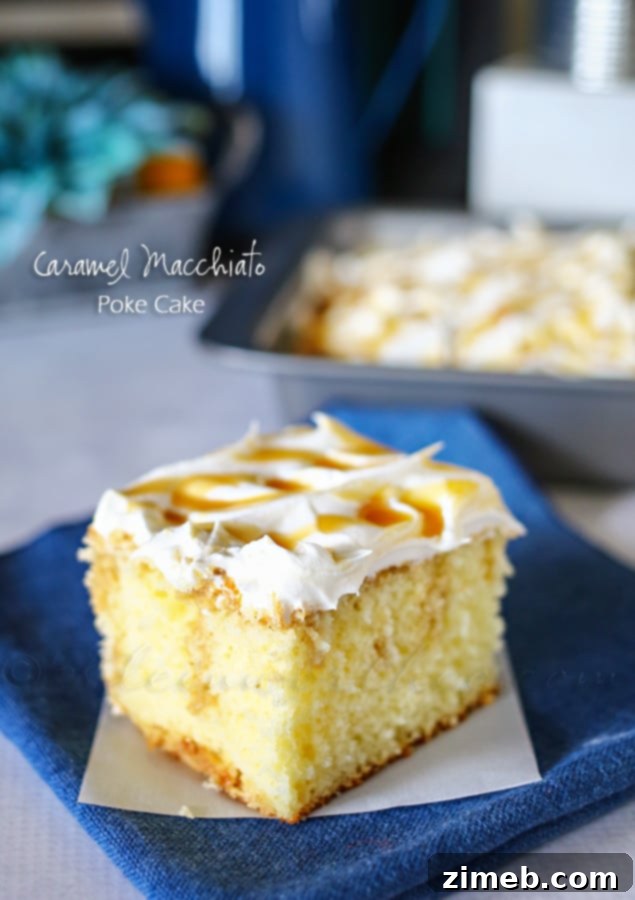 Creamy Caramel Macchiato Poke Cake 5 Overhead view of a Caramel Macchiato Poke Cake with generous caramel drizzle