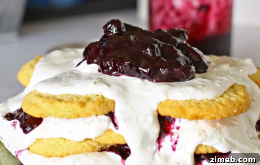 Blueberry Cloud Cake 2 Close-up of a slice of Blueberry Ice Box Cake, showcasing layers of cookies, creamy whipped topping, and vibrant blueberry pie filling. A perfect, hassle-free no-bake dessert for any occasion.
