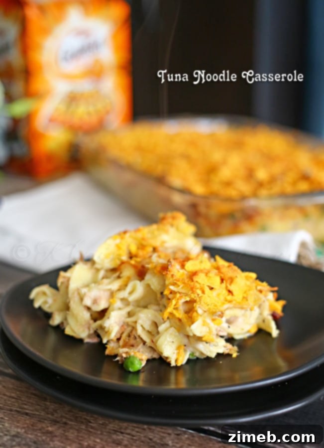Hearty Tuna Noodle Casserole, a classic comfort food dish in a baking dish