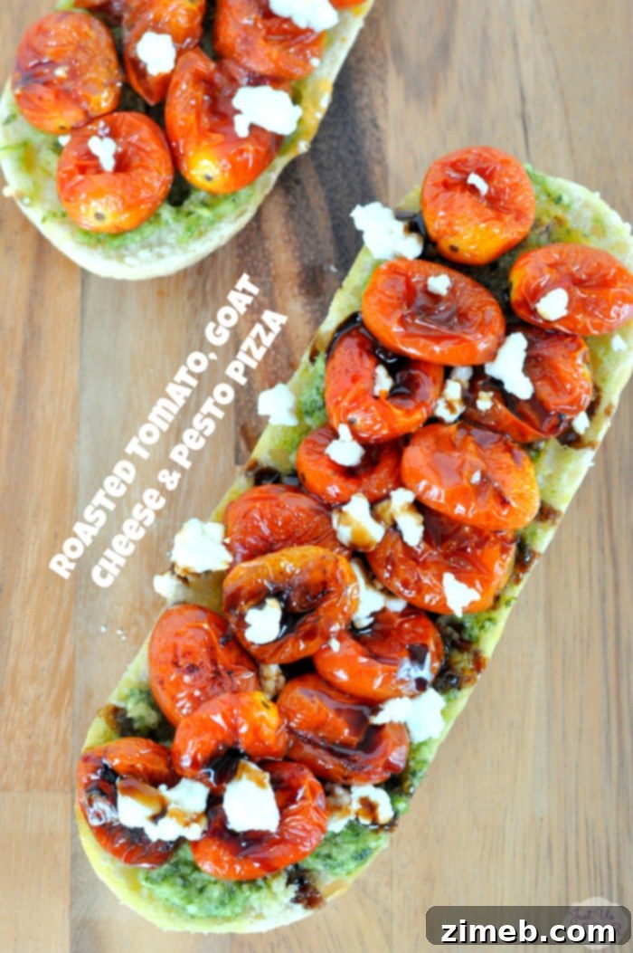 Roasted Tomato Goat Cheese Pesto Pizza by Just Us Four - homemade pizza with rich flavors