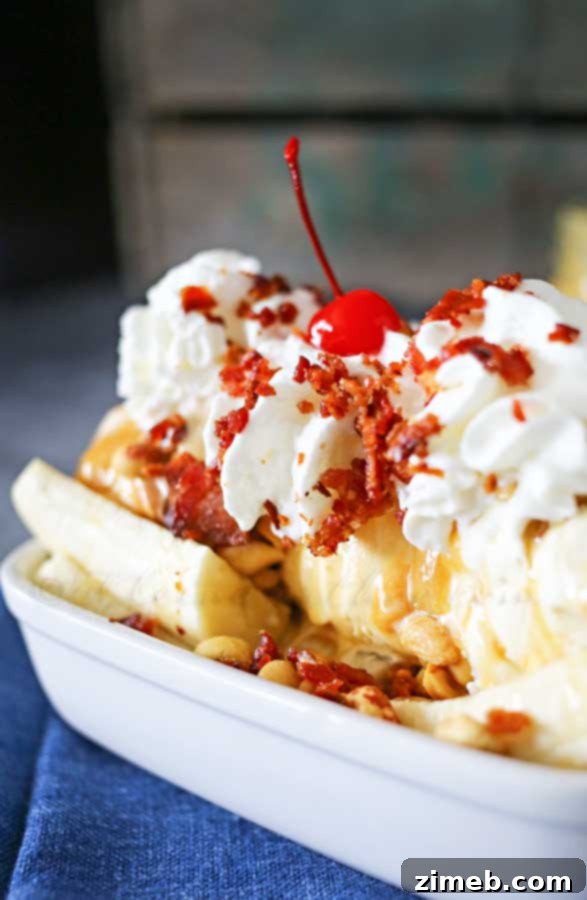 Close-up of Bacon Banana Split with Dulce de Leche and Whipped Cream
