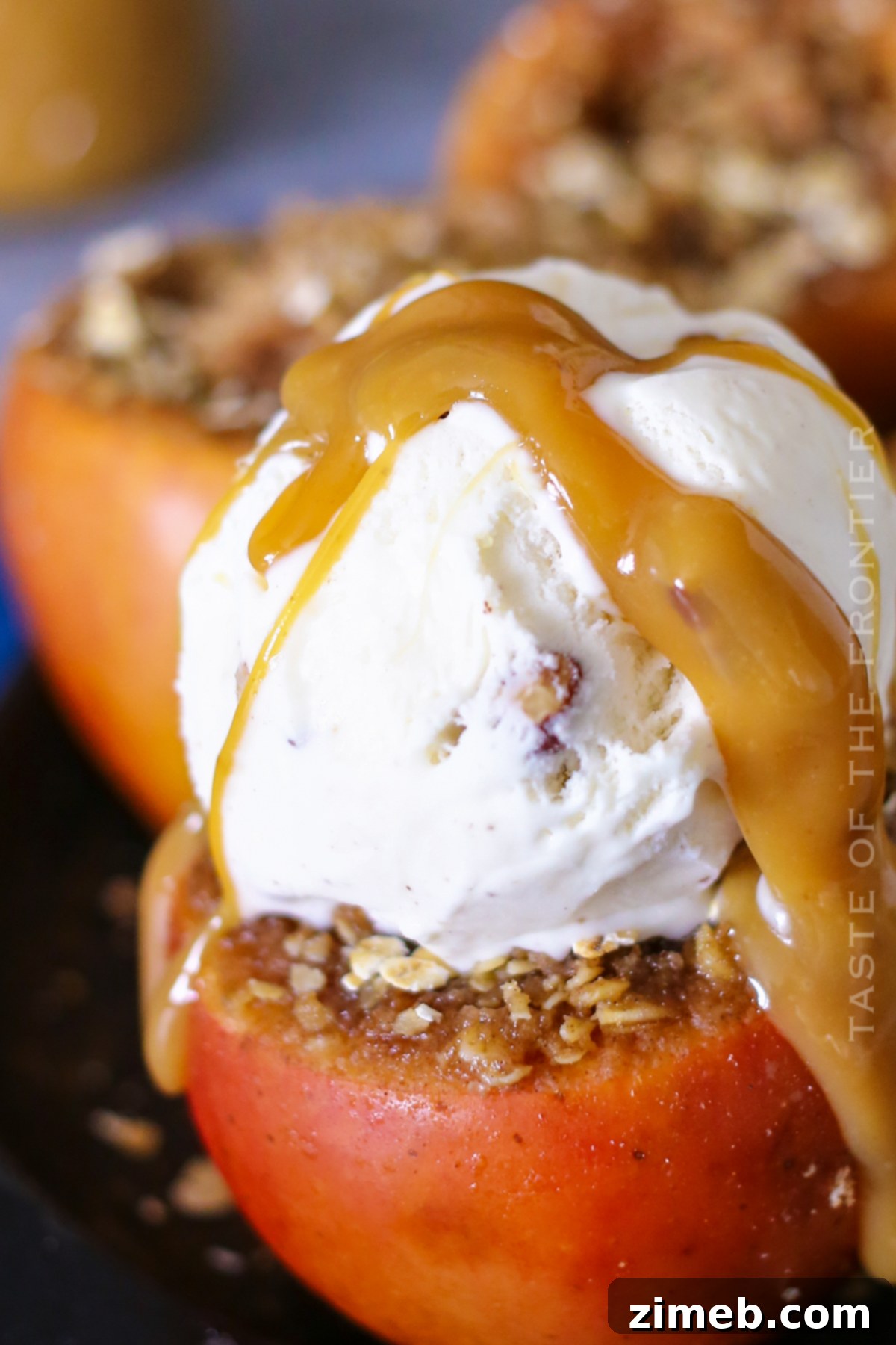 A beautifully presented Crock Pot Baked Apple, ready to be served, highlighting the crumble topping.