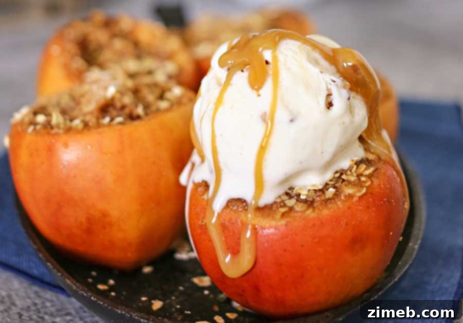 Crock Pot Baked Apples with crumble topping in a rustic setting.