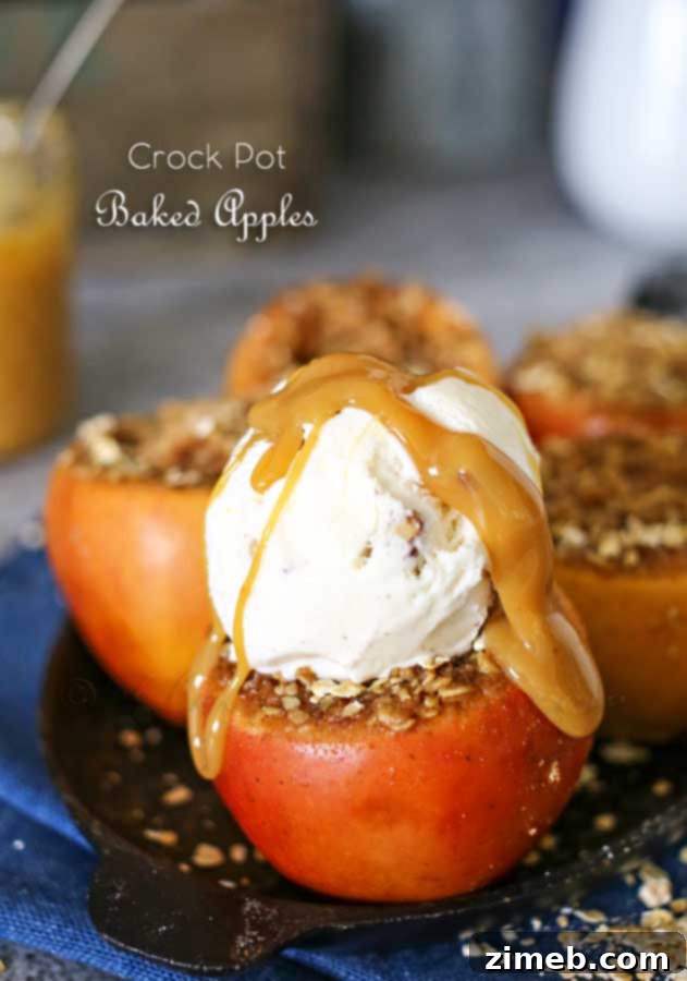 Close-up of a Crock Pot Baked Apple, showing the delicious crumble and caramel.