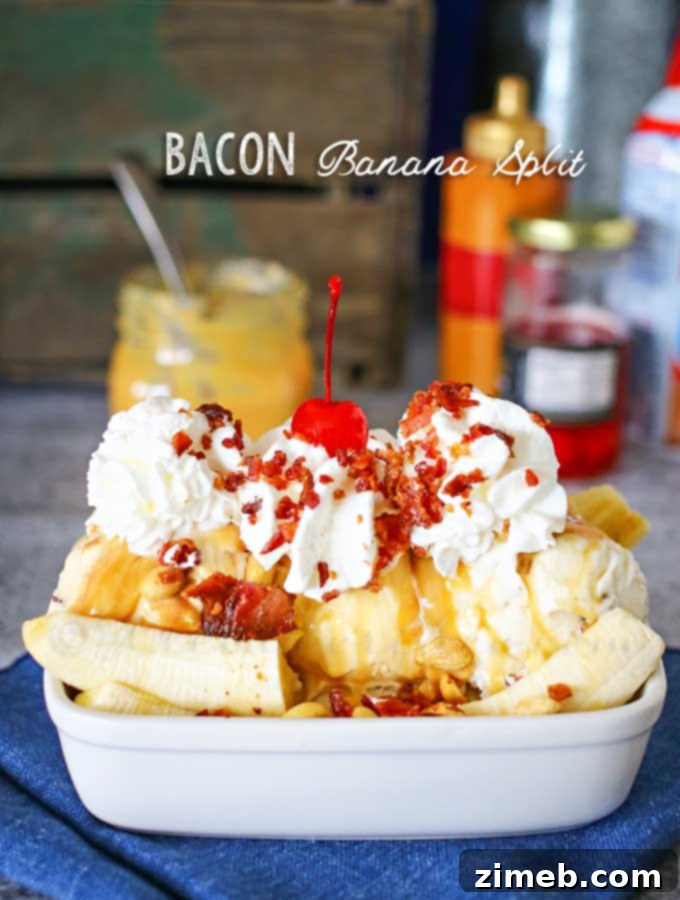 A unique dessert featuring a banana split topped with whipped cream, chocolate syrup, cherries, and crispy bacon strips.
