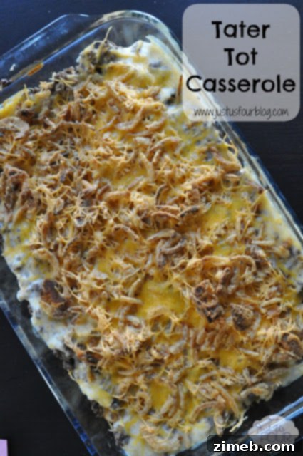 Golden brown Tater Tot Casserole in a baking dish