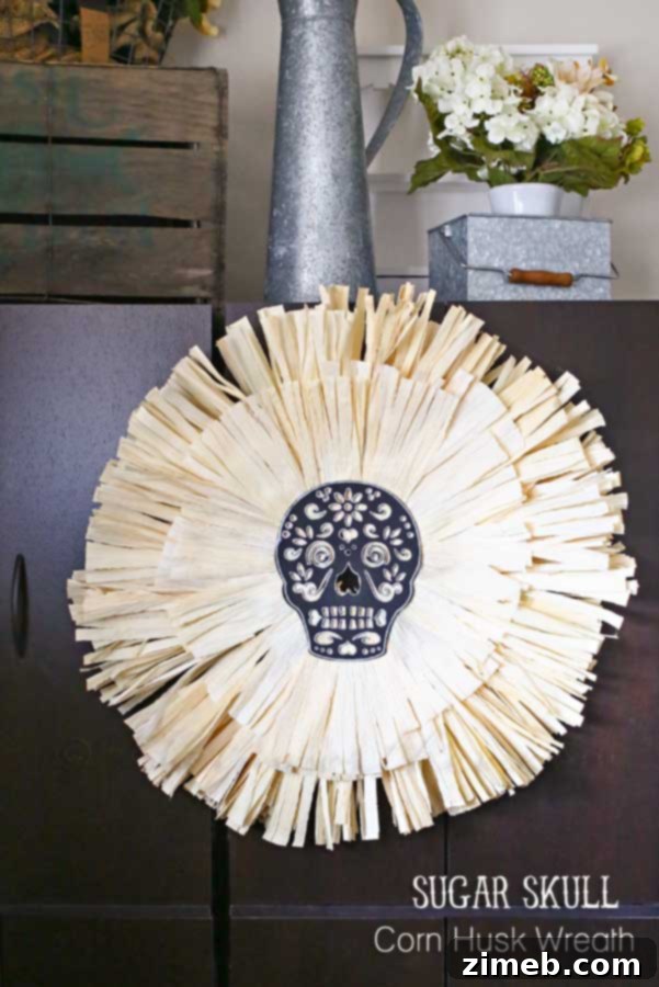 Stunning Sugar Skull Corn Husk Wreath on a wooden door, perfect for Halloween and Dia de los Muertos decor