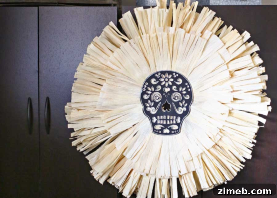 Close-up of a completed Sugar Skull Corn Husk Wreath, highlighting the texture and design