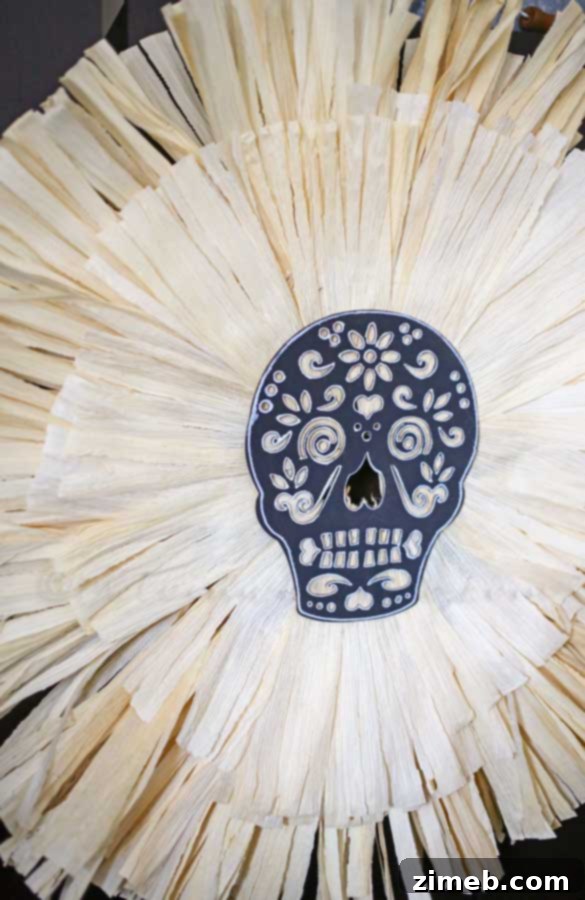 Another view of the finished Sugar Skull Corn Husk Wreath, showcasing its festive and unique appeal