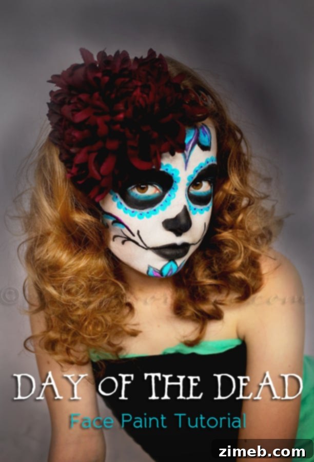 A person with intricate Day of the Dead face paint, featuring vibrant colors and classic sugar skull designs