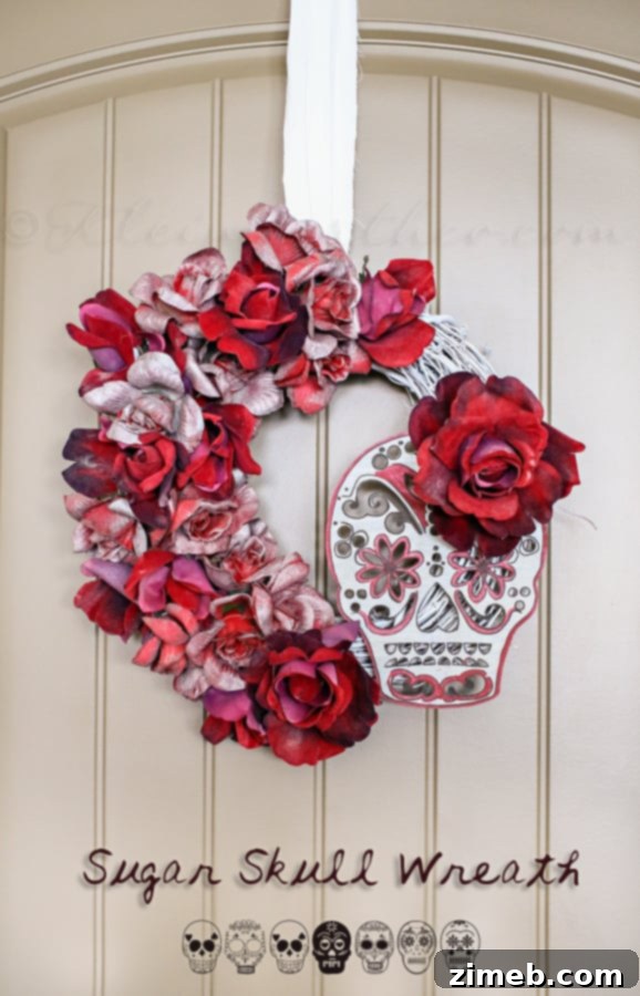 A different style of Sugar Skull Wreath, crafted with various colorful elements and a central skull motif